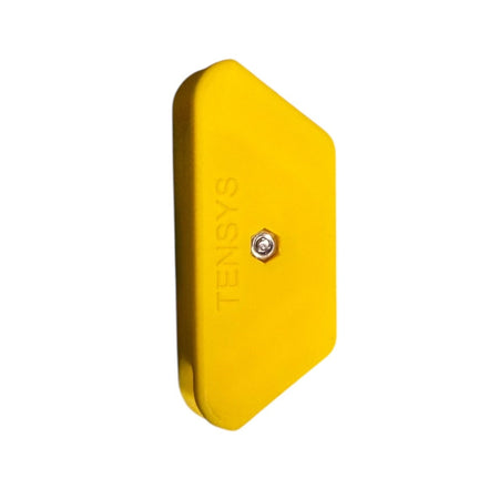 Ratchet Strap Magnetic Application Aid: Yellow sensor housing with TENSYS embossment, designed for 50mm wire claw hooks to prevent detachment, enhancing lorry loading efficiency.