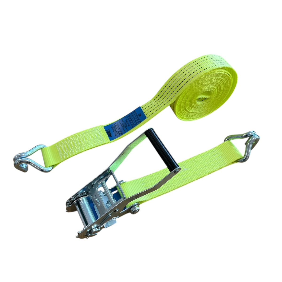High-Vis 50mm 5000kg Ratchet Strap with Claw Hooks, 10 metres, featuring high-visibility webbing and double-lock handle for secure load restraint in low-light conditions.