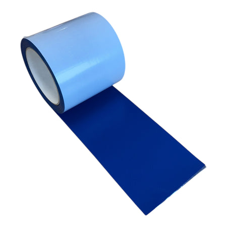 Roll of blue Curtain Side Adhesive Repair Tape, 100mm wide, 5m length, durable PVC with strong adhesive for repairing trailer curtain sides.