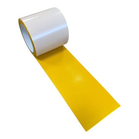 Curtain Side Adhesive Repair Roll (100mm x 5m) shown in yellow, ideal for durable trailer repairs with strong PVC and pressure-sensitive adhesive.