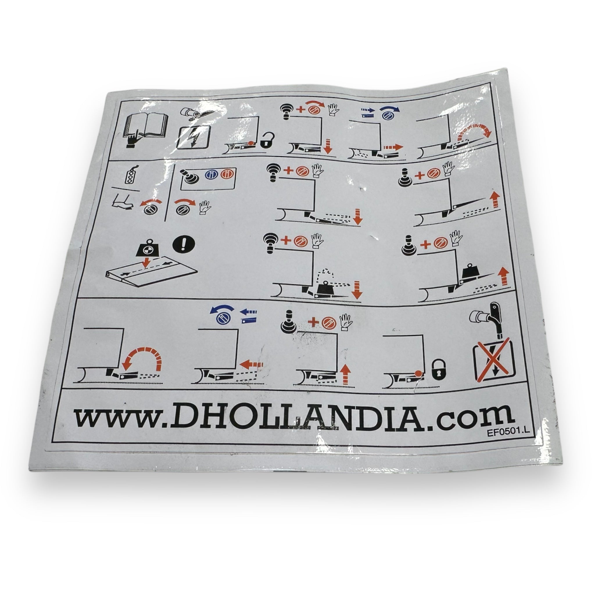 Dhollandia Safety Sticker SM EF0501.L with symbols and instructions, featuring a black circle and red arrow, designed for commercial trailer safety compliance.
