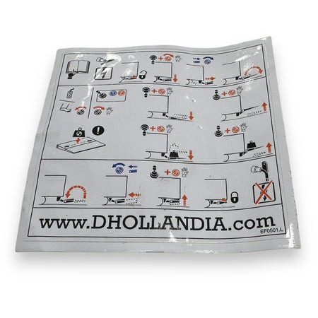 Dhollandia Safety Sticker SM EF0501.L with symbols and instructions, featuring a black circle and red arrow, designed for commercial trailer safety compliance.