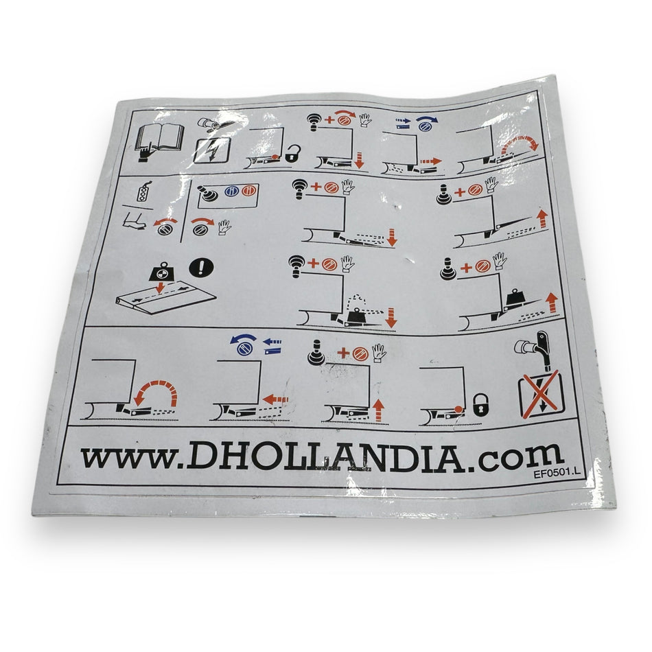 Dhollandia Safety Sticker SM EF0501.L with symbols and instructions, featuring a black circle and red arrow, designed for commercial trailer safety compliance.