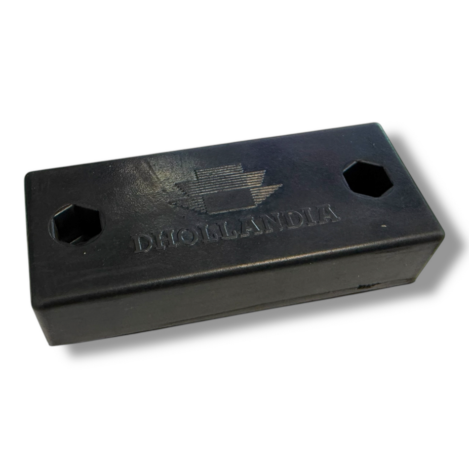 End Stop Rubber 118 x 50 for Dhollandia Tail Lifts, featuring a black rectangular design with precision-cut holes, suitable for commercial trailer applications.
