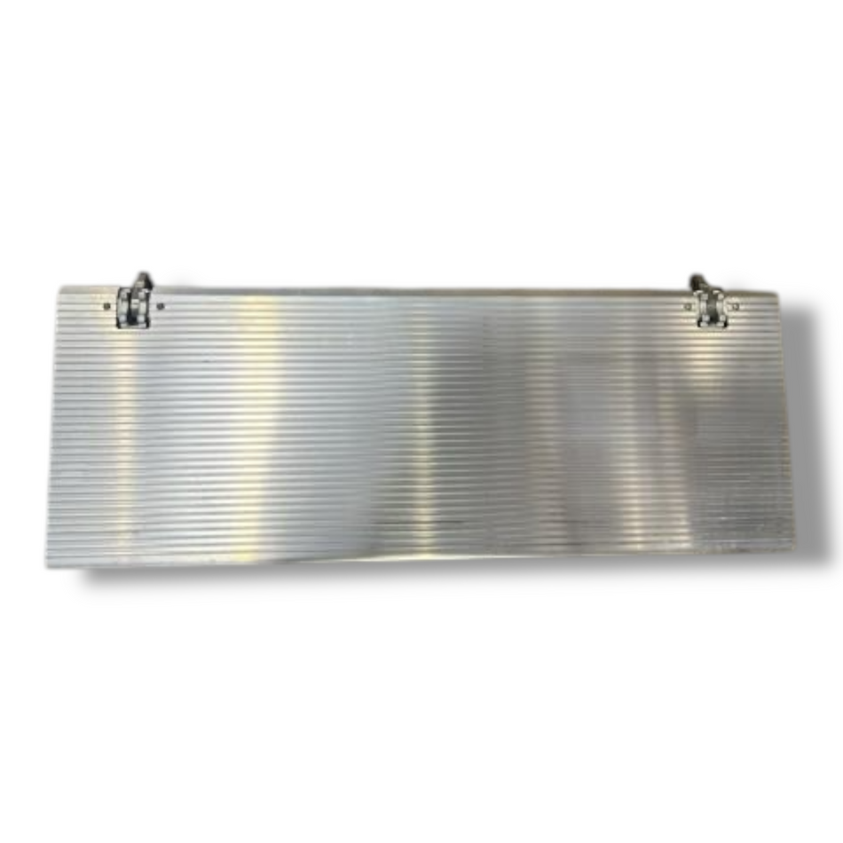 Hinged Ramp Alu 380x1000 800cc for Dhollandia Tail Lifts, featuring a silver rectangular metal surface with two sturdy metal clips.