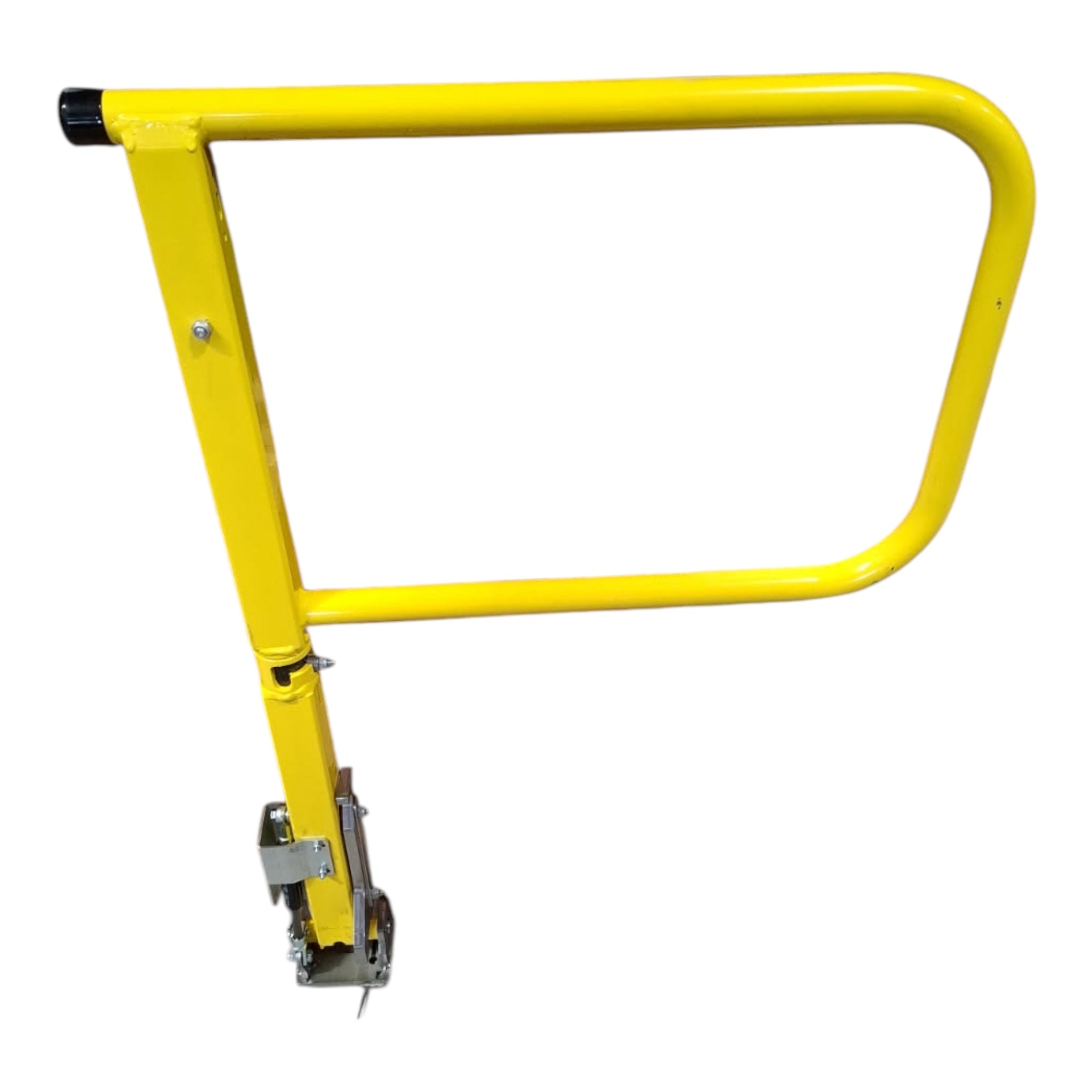Railing compl. left 695x1000mm -D- for Dhollandia Tail Lifts, featuring a yellow metal bar with a black handle, suitable for commercial trailers.