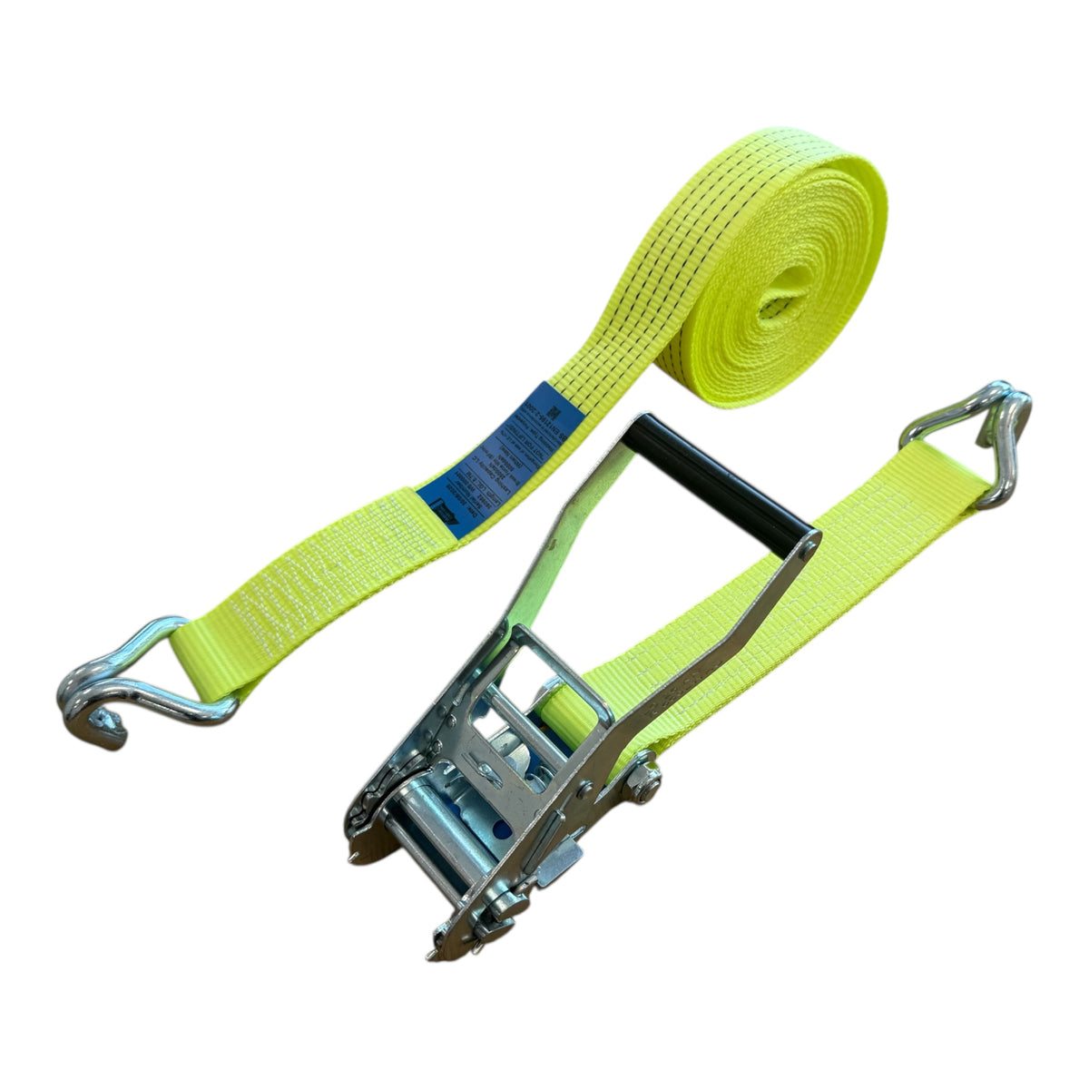 High-Vis 50mm 5000kg Ratchet Strap with Claw Hooks, 10 METRES, featuring a durable ratchet tensioner and claw hooks for secure heavy load anchoring. Ideal for professional use.