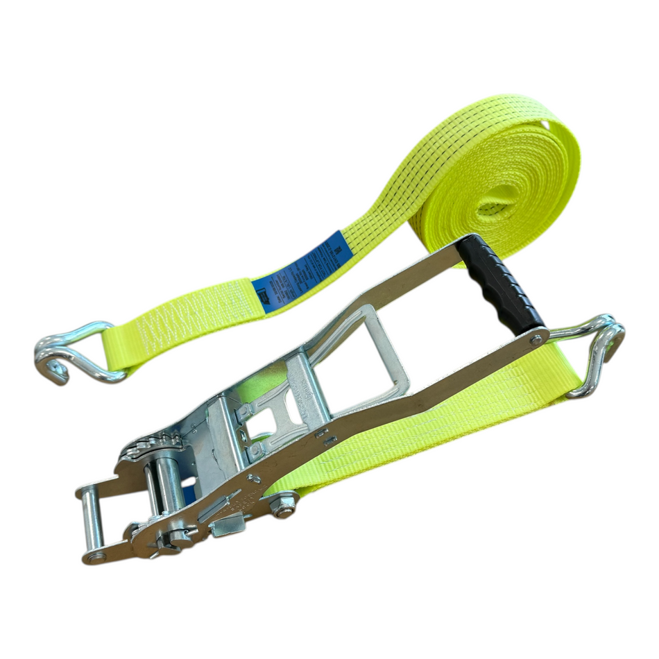High-Vis 50mm 5000kg ERGO Ratchet Strap with Claw Hooks, 10 metres. Features heavy-duty, downward pull action tensioner for secure load restraint and reduced operator strain.