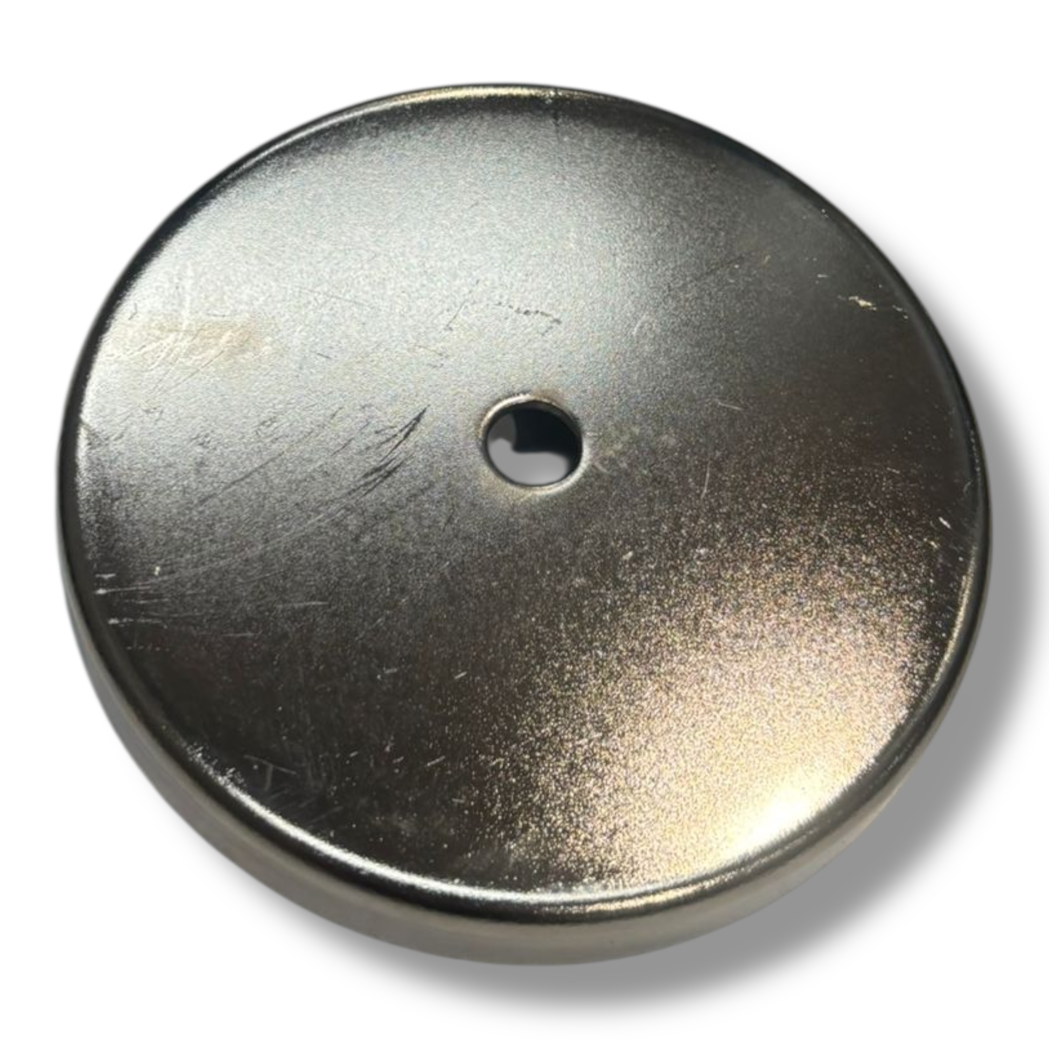 Magnet for Dhollandia Safety Gates: 100mm diameter steel cup magnet with central mounting hole, ideal for secure, detachable fittings. High-quality, fast UK delivery from Nationwide Trailer Parts Ltd.