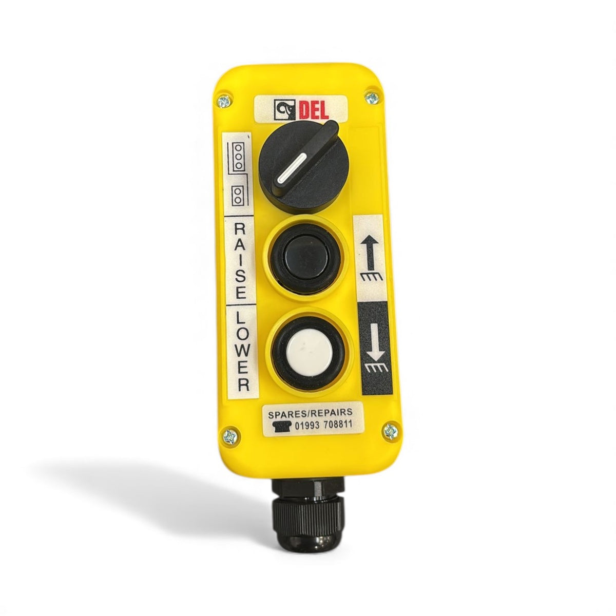 Mafelec 3 Button Control Station with Changeover Switch, featuring up/down buttons, rotary isolate switch, and cable gland, ideal for hoists. Fast UK delivery.