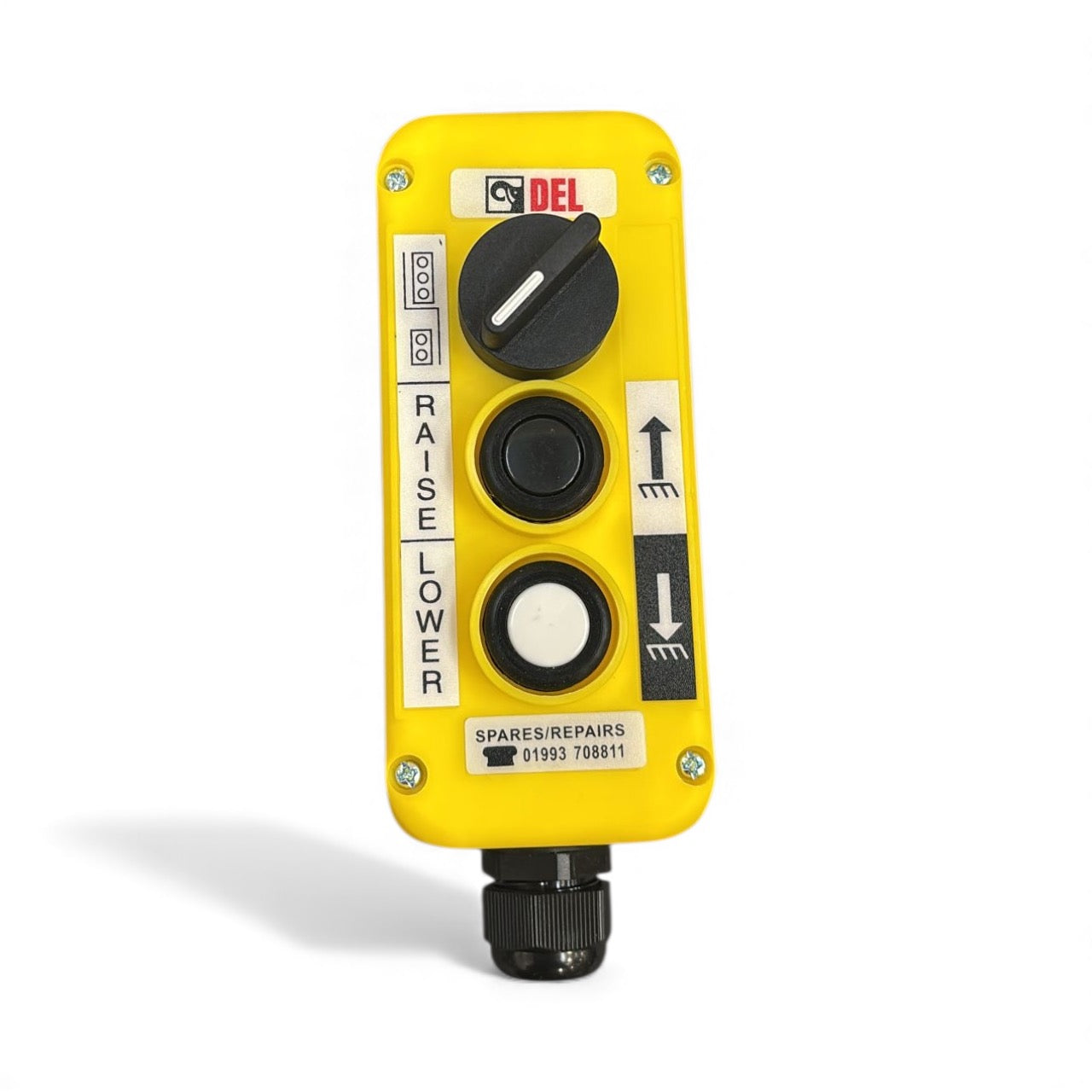 Mafelec 3 Button Control Station with Changeover Switch, featuring up/down buttons, rotary isolate switch, and cable gland, ideal for hoists. Fast UK delivery.