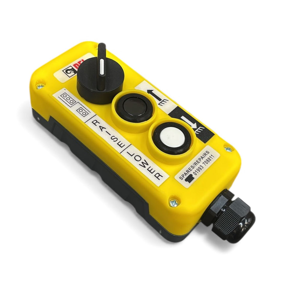 Mafelec 3 Button Control Station features two push-buttons, rotary switch, and direction labels, ideal for tail lift operations. High-quality, fast UK delivery from Nationwide Trailer Parts.