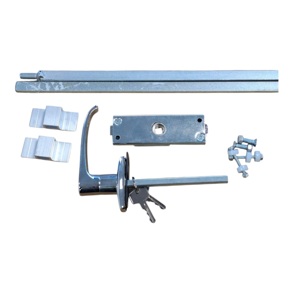 Rod Lock With L Handle kit includes lever handle, mortise lock case, three keys, espagnolette rods, striker blocks, and mounting screws for French-style doors.