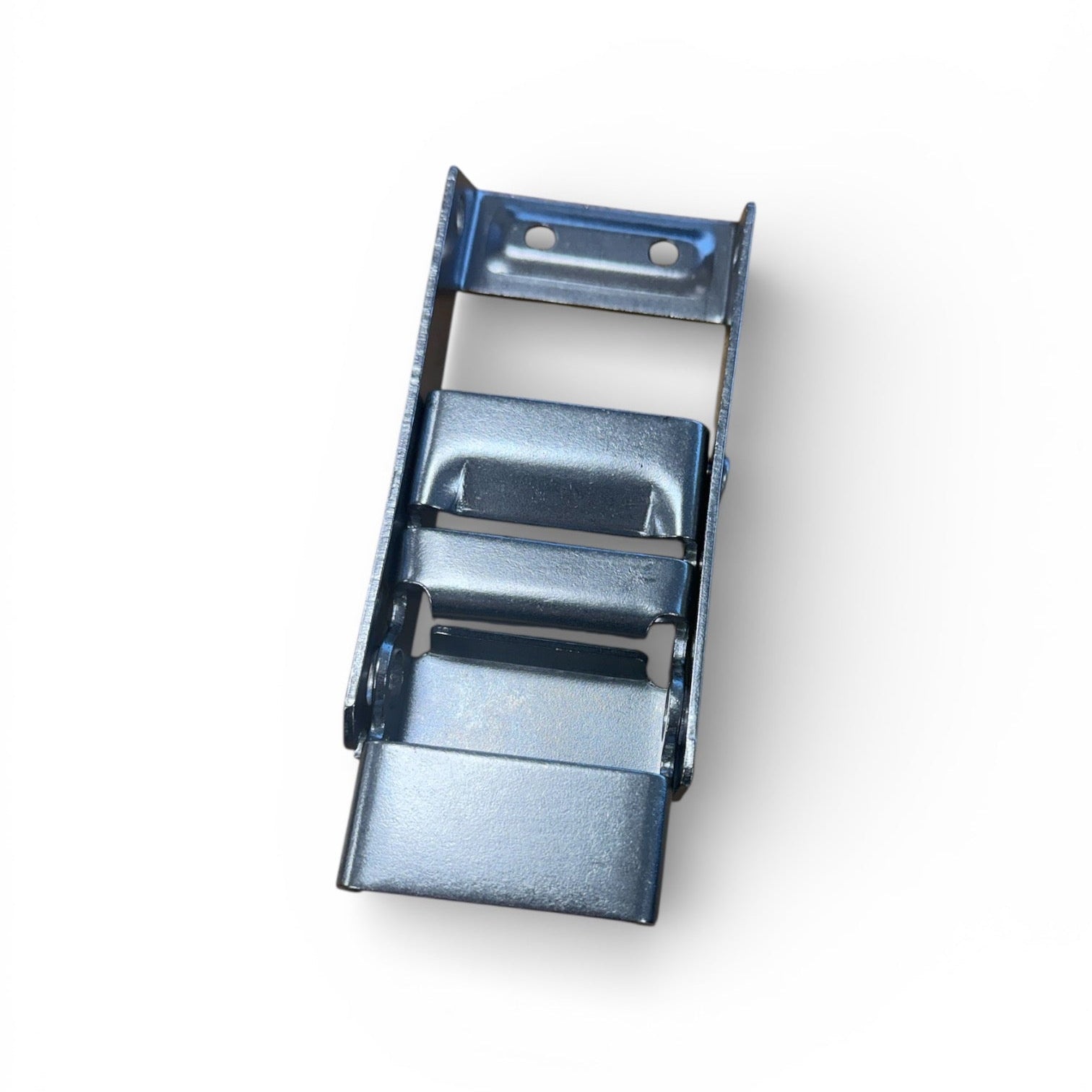Close-up of Lawrence David Buckle (CS-655) featuring a metal cam lever, two mounting holes, and a strap feed section; ideal for secure load restraint.
