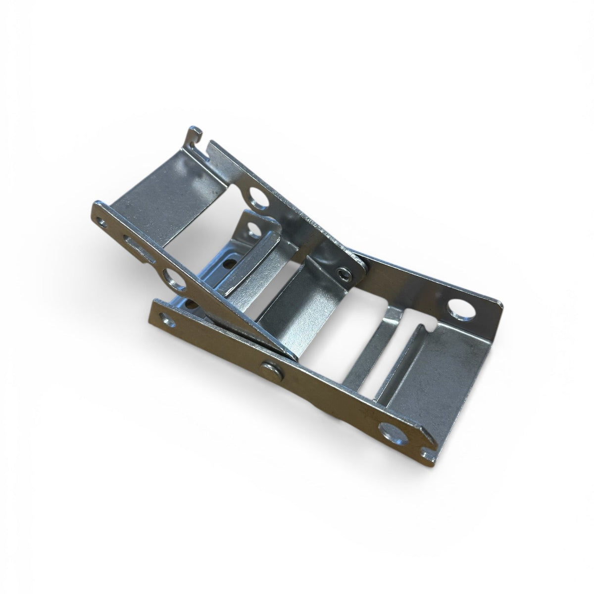 Lawrence David Buckle (CS-655): Multi-pivot stamped-steel bracket for curtain adjustment, featuring screw-mounting holes. Essential for panel or equipment articulation. Pin sold separately.