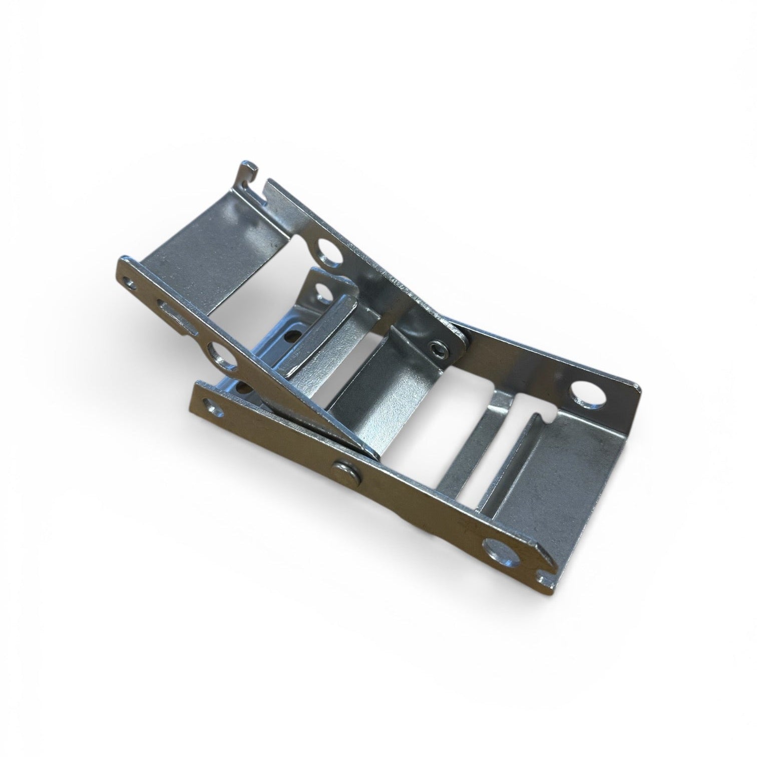 Lawrence David Buckle (CS-655): Multi-pivot stamped-steel bracket for curtain adjustment, featuring screw-mounting holes. Essential for panel or equipment articulation. Pin sold separately.