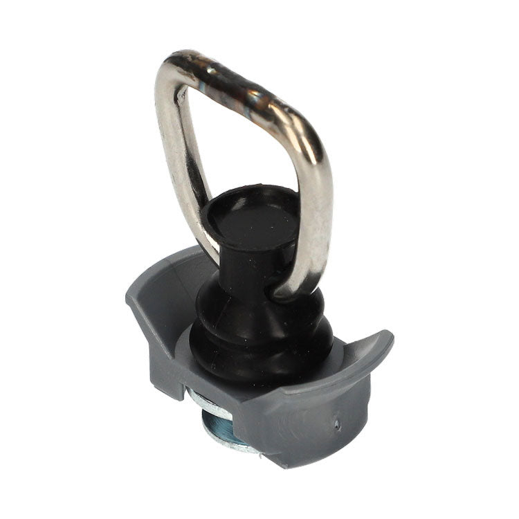 25mm 1600daN Single Stud Fitting for Aluminium Track, featuring a stainless steel D-ring on a plastic base, suitable for 25mm webbing, ideal for secure load restraint.