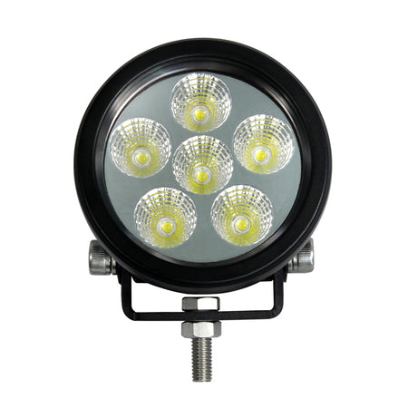 Worklight Flood or Spot Beam LED Light featuring a round design with multiple LEDs, ideal for farming applications, offering high-intensity output with flood or spot beam options.