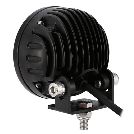 Worklight Flood or Spot Beam LED Light, shown close-up with mounting hardware, ideal for farming applications, featuring 6 LEDs, waterproof design, and multi-voltage input for high-intensity illumination.