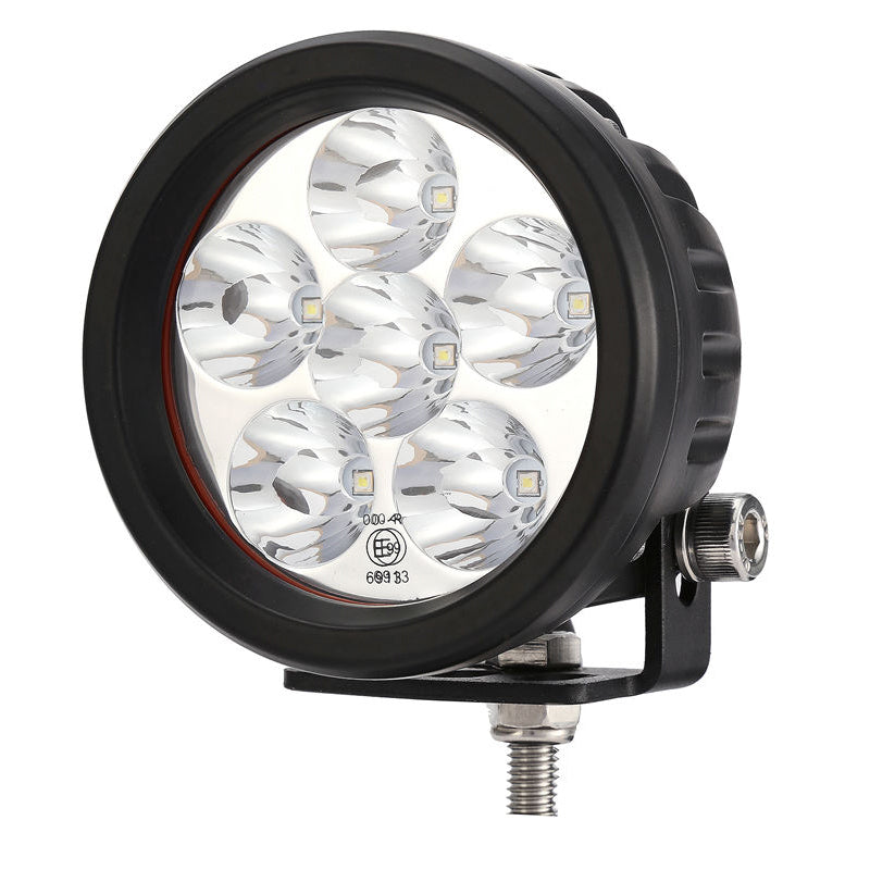 Worklight Flood or Spot Beam LED Light, featuring a compact, round design with a black ring, ideal for high-intensity applications like sprayer or boom lights.