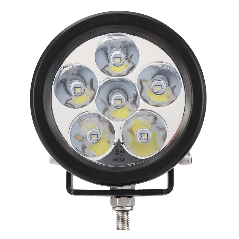 Worklight Flood or Spot Beam LED Light, featuring 6 x 3W LEDs for farming applications, shown up close with a focus on its durable, compact design.