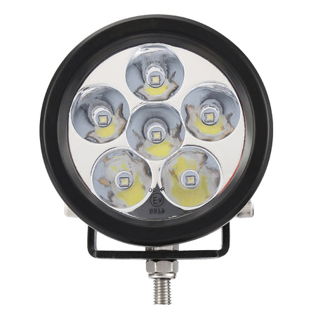 Worklight Flood or Spot Beam LED Light, featuring 6 x 3W LEDs for farming applications, shown up close with a focus on its durable, compact design.
