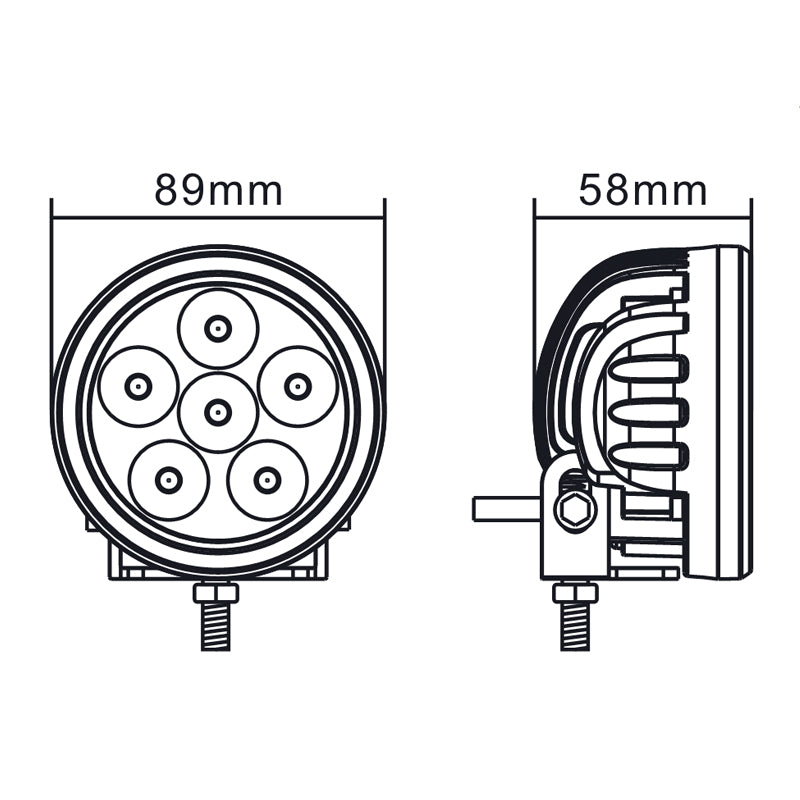 Diagram of Worklight Flood or Spot Beam LED Light, showcasing a circular design and components, ideal for farming use with high-intensity 18W output and versatile mounting features.