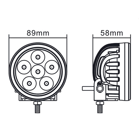 Diagram of Worklight Flood or Spot Beam LED Light, showcasing a circular design and components, ideal for farming use with high-intensity 18W output and versatile mounting features.