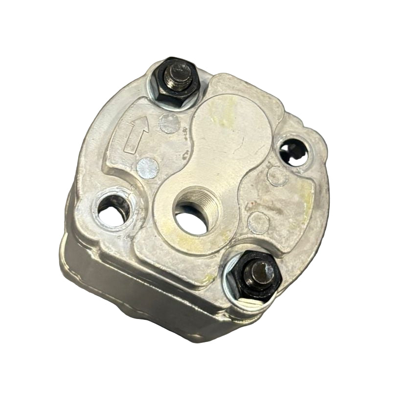 P022.17 Pump 1.7cc housing with directional arrow, two port openings, threaded center port, and four mounting holes; suitable for Dhollandia tail lifts. Fast UK delivery.