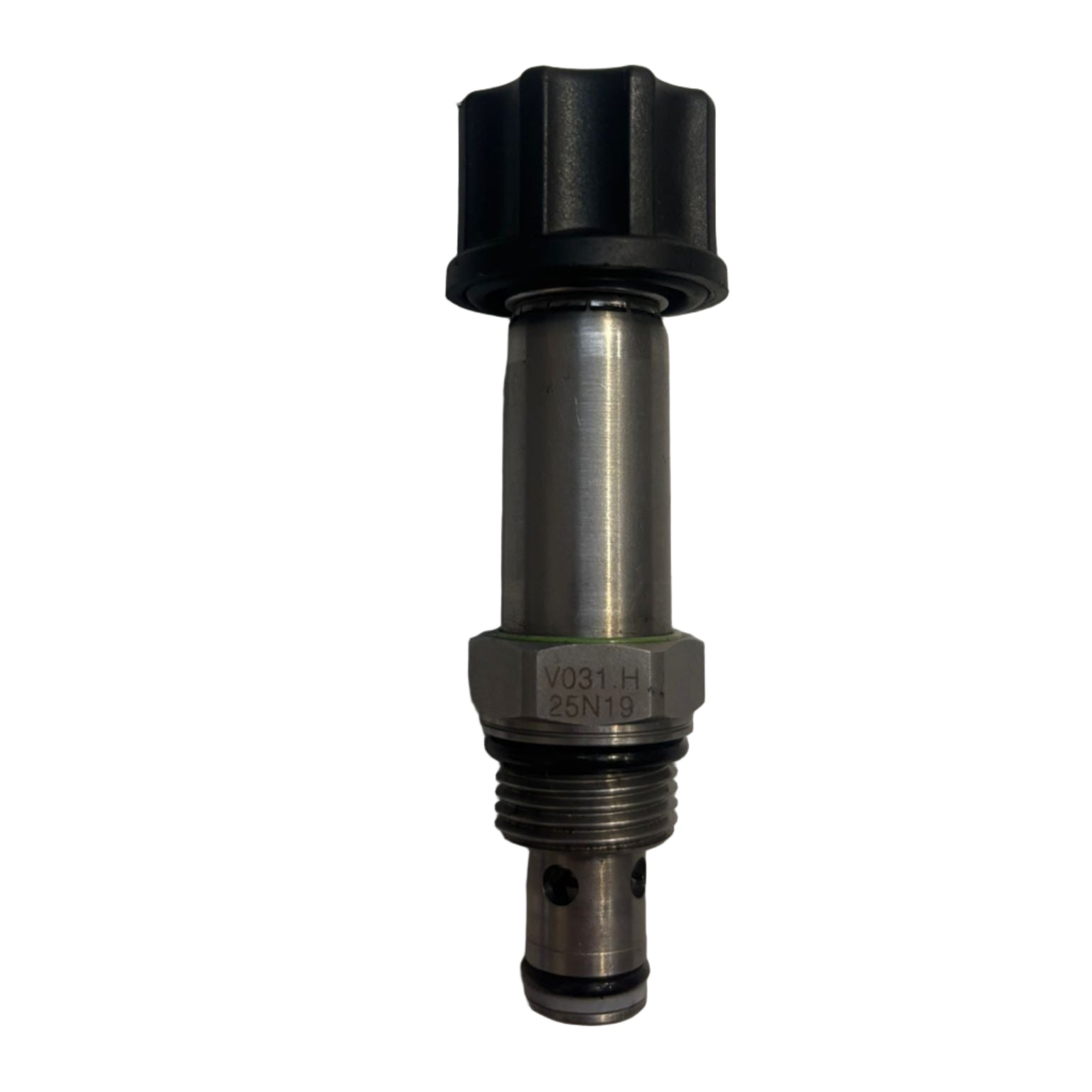 V031.H Cartridge without coil SA HYDAC, 3–4 long, with hex body, black adjuster, and stainless steel barrel, for hydraulic manifolds, suited for Dhollandia Tail Lifts.
