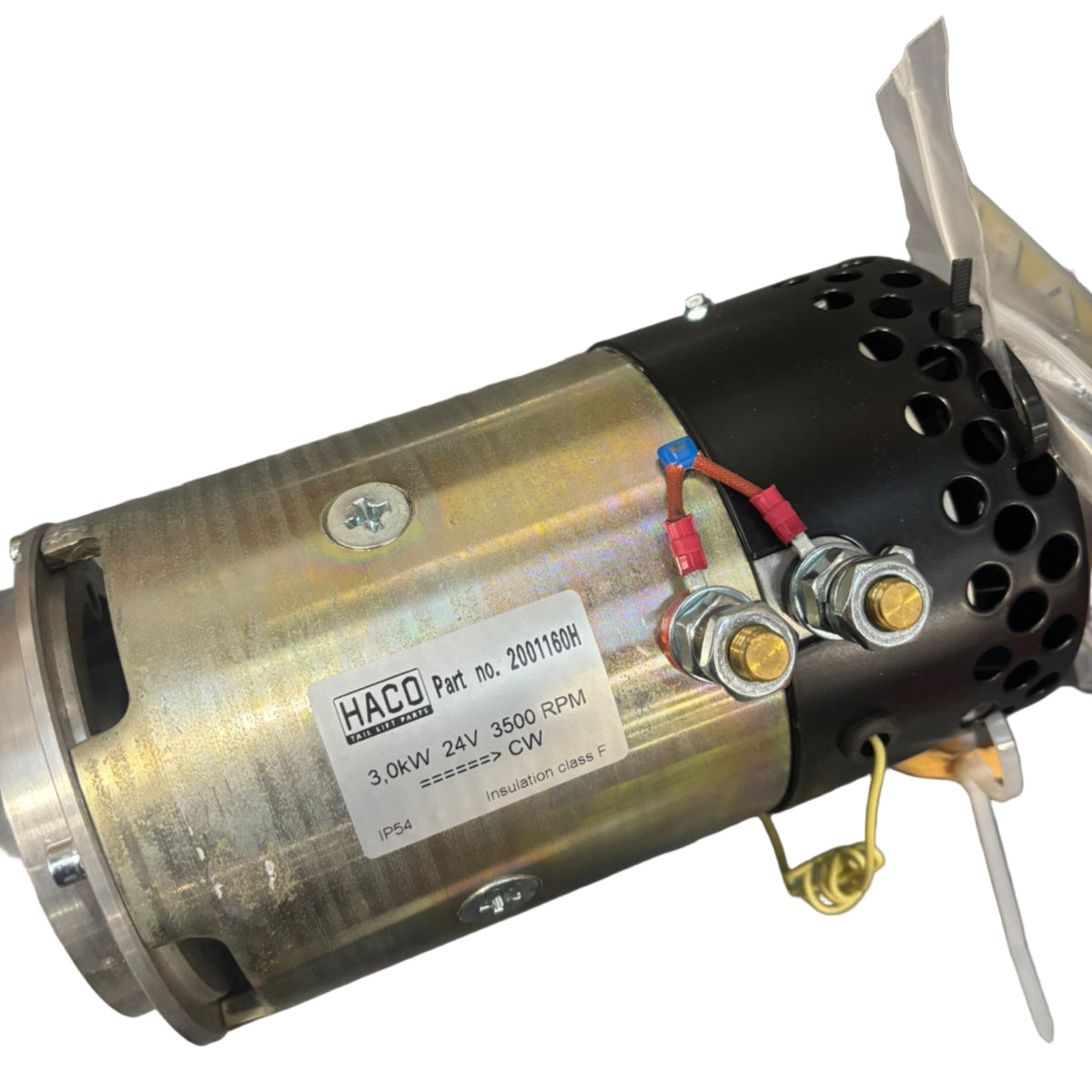 Motor 3.0kW 24V closed F CW ventilated HACO, interchangeable with Dhollandia MP022. Ideal for hydraulic pumps, features IP54 protection and ventilated end for efficient cooling.