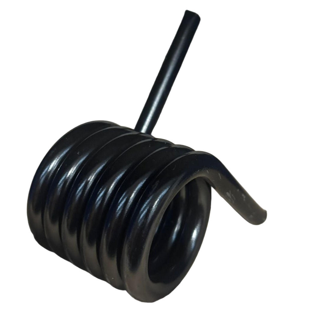 VRW082 Torsion spring toe guard SK for Dhollandia Tail Lifts, coiled with dual arms, positioned on a workshop bench, highlighting its robust design for commercial vehicle safety.