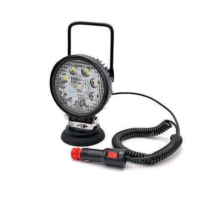 Economy LED Work Lamp Series showcasing a black work lamp with a cord, suitable for commercial vehicles, featuring bracket mounting and flood beam design.