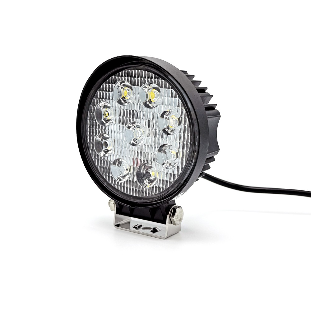 Round Economy LED Work Lamp with black ring and cord, featuring 9x3W LEDs, flood beam, bracket mounting, and IP67 rating.