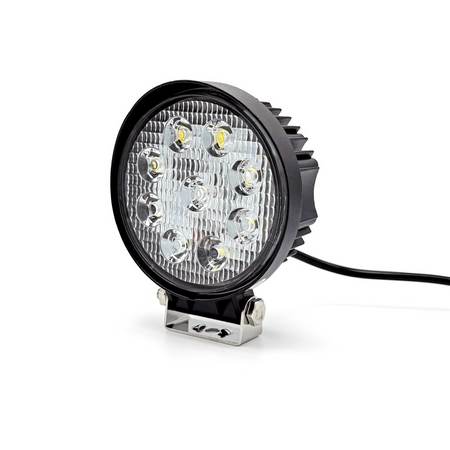 Round Economy LED Work Lamp with black ring and cord, featuring 9x3W LEDs, flood beam, bracket mounting, and IP67 rating.