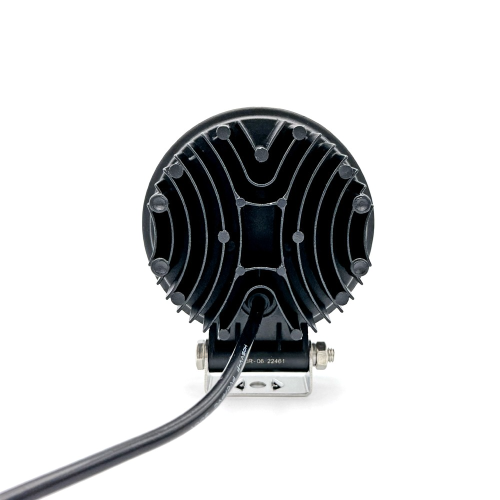 Economy LED Work Lamp, close-up of black mechanical parts, featuring 9x3W LEDs, suitable for commercial vehicles. Available in round, square, and magnetic versions.