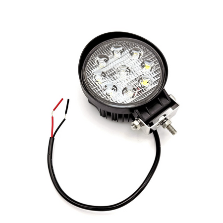 Round Economy LED Work Lamp with black cable, featuring 9x3W LEDs for 1400LM output. Part of a versatile series with various mounting options.