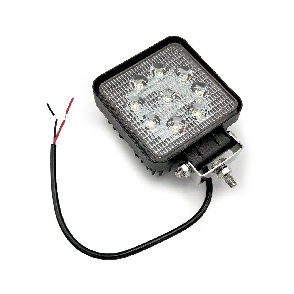 Square black Economy LED Work Lamp with bracket, featuring a black wire; part of the versatile series suitable for commercial vehicles.