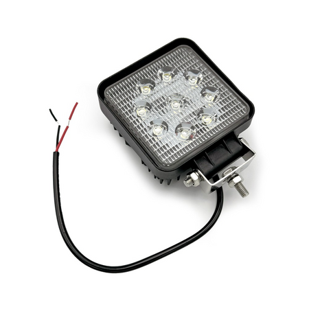 Square black Economy LED Work Lamp with bracket, featuring a black wire; part of the versatile series suitable for commercial vehicles.