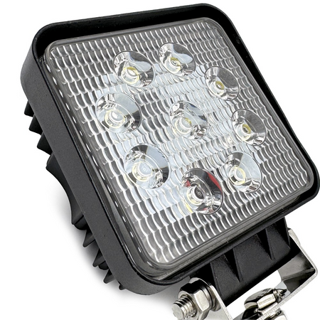 Economy LED Work Lamp Series, featuring a close-up of a silver metal and glass light, available in round, square, and magnetic versions.