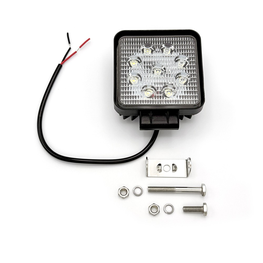 Square Economy LED Work Lamp with wire and screws, featuring 9x3W LEDs and flood beam, part of Nationwide Trailer Parts Ltd's durable lighting options.