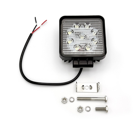 Square Economy LED Work Lamp with wire and screws, featuring 9x3W LEDs and flood beam, part of Nationwide Trailer Parts Ltd's durable lighting options.