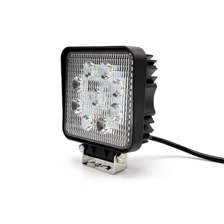 Economy LED Work Lamp Series, square model, with black cord, bracket mounting, and 9x3W LEDs for flood beam.