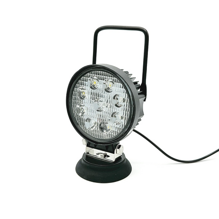 Economy LED Work Lamp Series, featuring a round design with black cord, ideal for commercial vehicles, offering 9x3W LEDs and flood beam functionality.