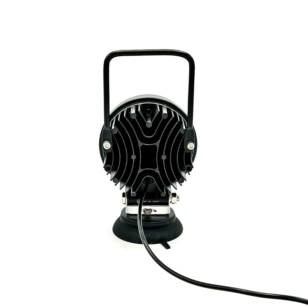 Round Economy LED Work Lamp with black wire, featuring 9x3W LEDs and bracket mounting, suitable for commercial vehicles.