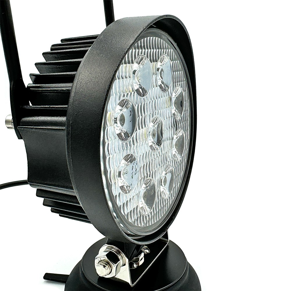 Economy LED Work Lamp Series close-up, showing bracket and bolt mounting, ideal for commercial trailers. Available in round, square, and magnetic options.