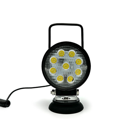Economy LED Work Lamp Series with bracket, displaying a close-up of the light's black and silver design, available in round, square, and magnetic options.