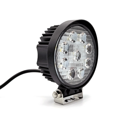 Round Economy LED Work Lamp with black cord, featuring bracket mounting and 9x3W LEDs, suitable for commercial trailers.