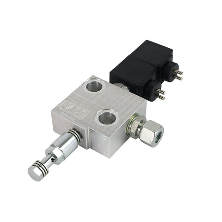 Close-up of Valve Block 24V SM8 Haco, designed to fit Dhollandia V151.R.24, showcasing detailed metal components.