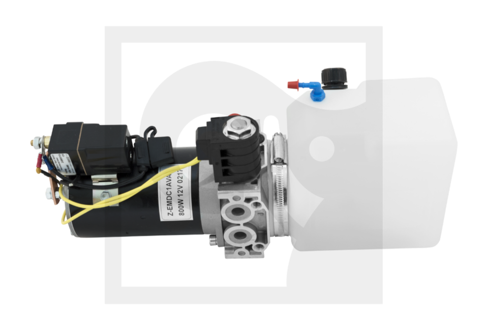 RFP 12V Power Pack for Del Tail Lifts; features a 12V electric motor, hydraulic pump block, and 1.0L reservoir. Ideal for small industrial lifts and trailers.